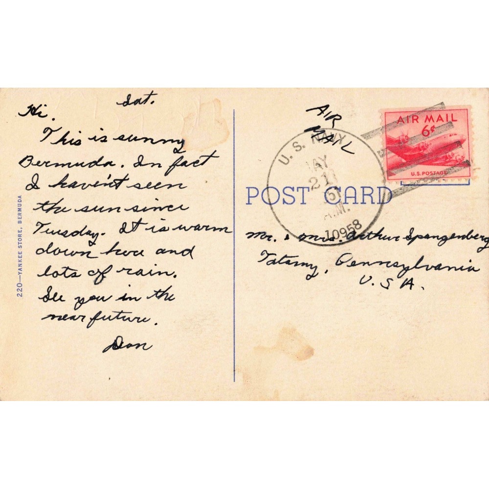 Vintage City of Hamilton and Harbour Bermuda Linen Postcard 1958 Postmark - Picture 2 of 2